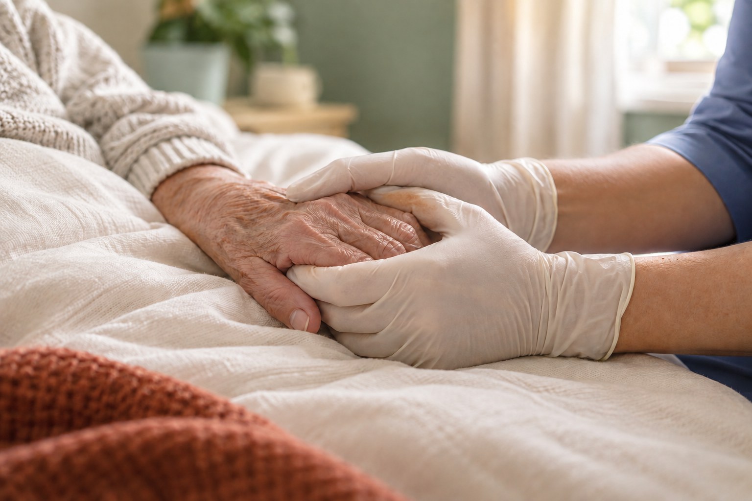 A caregiver gently holding a resident's hands